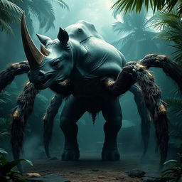 A powerful hybrid creature featuring the muscular physique of a rhino combined with the intricate details of a spider