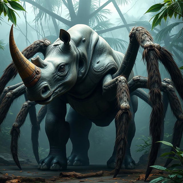 A powerful hybrid creature featuring the muscular physique of a rhino combined with the intricate details of a spider