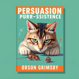 A flat book cover design featuring a large, bold title at the top: 'Persuasion Purr-sistence' in striking fonts