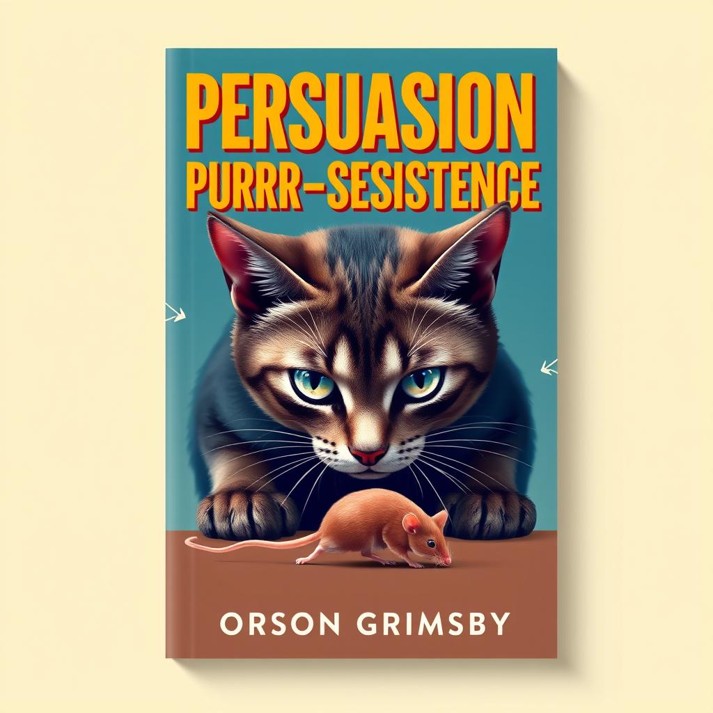 A flat book cover design featuring a large, bold title at the top: 'Persuasion Purr-sistence' in striking fonts