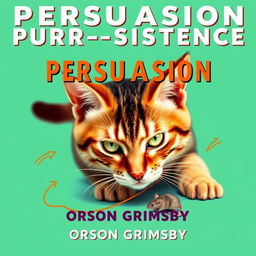 A flat book cover design featuring a large, bold title at the top: 'Persuasion Purr-sistence' in striking fonts