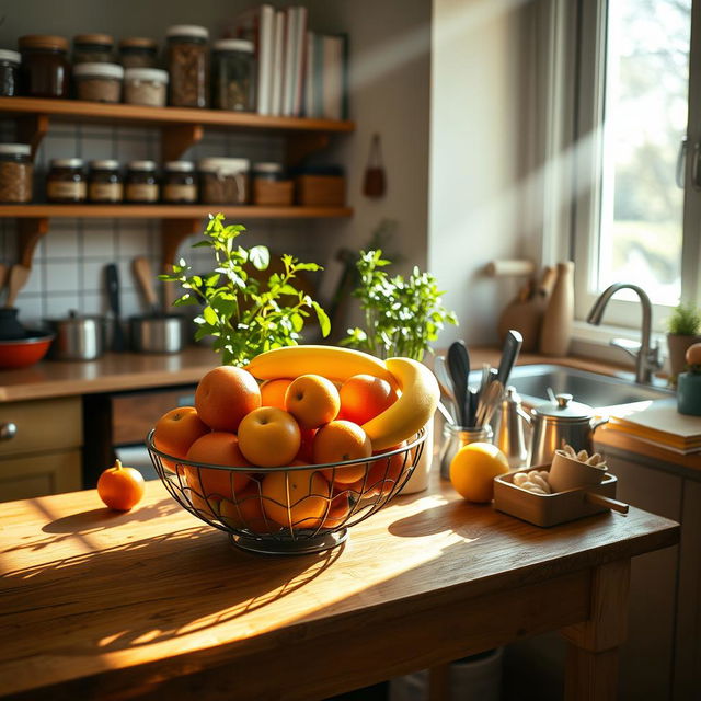 A vibrant kitchen setting featuring a wooden table with a colorful fruit bowl filled with apples, oranges, and bananas