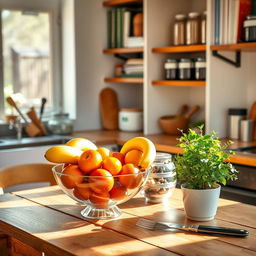 A vibrant kitchen setting featuring a wooden table with a colorful fruit bowl filled with apples, oranges, and bananas