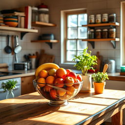 A vibrant kitchen setting featuring a wooden table with a colorful fruit bowl filled with apples, oranges, and bananas