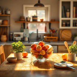 A vibrant kitchen setting featuring a wooden table with a colorful fruit bowl filled with apples, oranges, and bananas