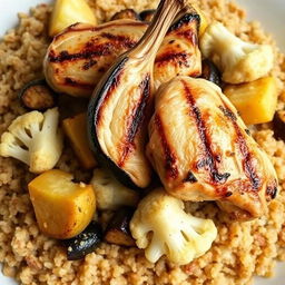 Cooked bulgur stuffed with eggplant, potatoes, and cauliflower, topped with grilled chicken pieces on the bone, creating a delicious and savory presentation