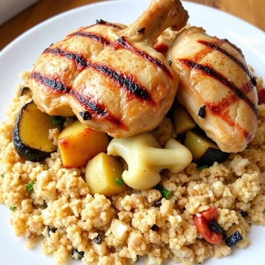 Cooked bulgur stuffed with eggplant, potatoes, and cauliflower, topped with grilled chicken pieces on the bone, creating a delicious and savory presentation