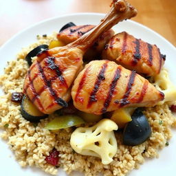 Cooked bulgur stuffed with eggplant, potatoes, and cauliflower, topped with grilled chicken pieces on the bone, creating a delicious and savory presentation