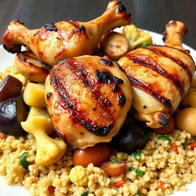 Cooked bulgur stuffed with eggplant, potatoes, and cauliflower, topped with grilled chicken pieces on the bone, creating a delicious and savory presentation