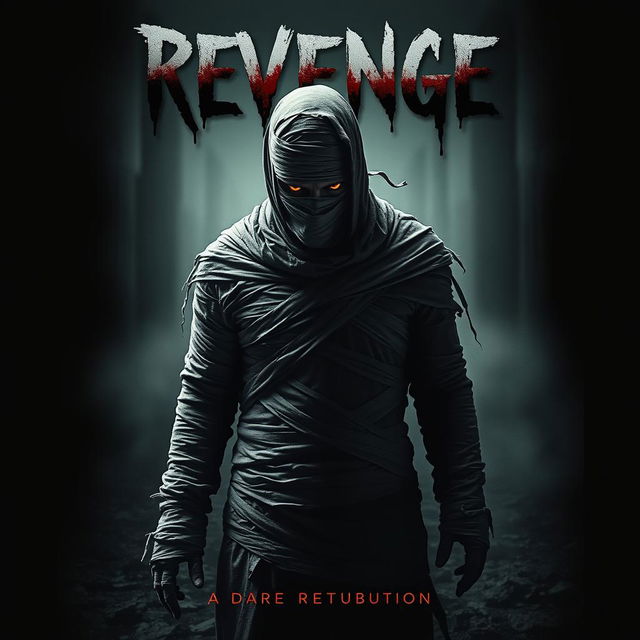 A terrifying horror movie poster featuring a man completely wrapped in bandages, embodying the theme of 'Revenge'