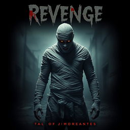 A terrifying horror movie poster featuring a man completely wrapped in bandages, embodying the theme of 'Revenge'