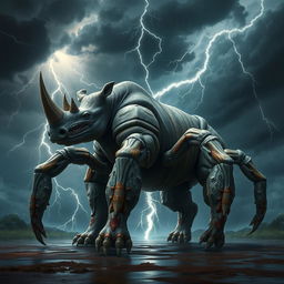 A powerful and muscular hybrid creature with the body of a rhinoceros combined with the legs and features of a spider, standing majestically amidst a dramatic thunderstorm