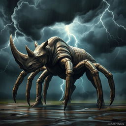 A powerful and muscular hybrid creature with the body of a rhinoceros combined with the legs and features of a spider, standing majestically amidst a dramatic thunderstorm