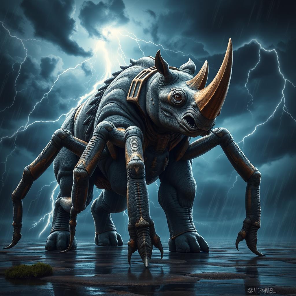 A powerful and muscular hybrid creature with the body of a rhinoceros combined with the legs and features of a spider, standing majestically amidst a dramatic thunderstorm