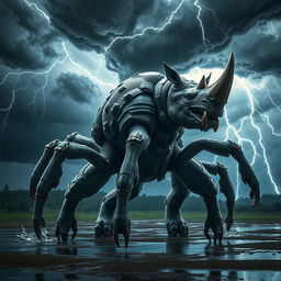 A powerful and muscular hybrid creature with the body of a rhinoceros combined with the legs and features of a spider, standing majestically amidst a dramatic thunderstorm