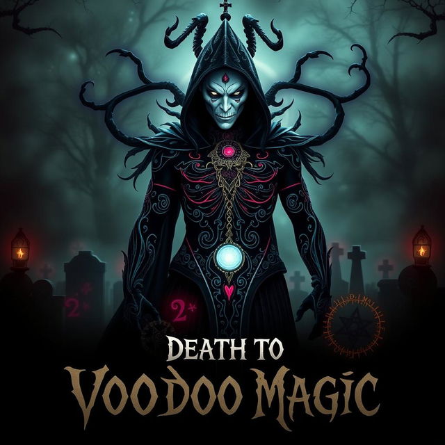 A captivating horror movie poster for 'Death to Voodoo Magic', featuring a powerful warlock with a striking appearance