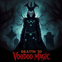 A captivating horror movie poster for 'Death to Voodoo Magic', featuring a powerful warlock with a striking appearance