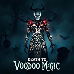 A captivating horror movie poster for 'Death to Voodoo Magic', featuring a powerful warlock with a striking appearance