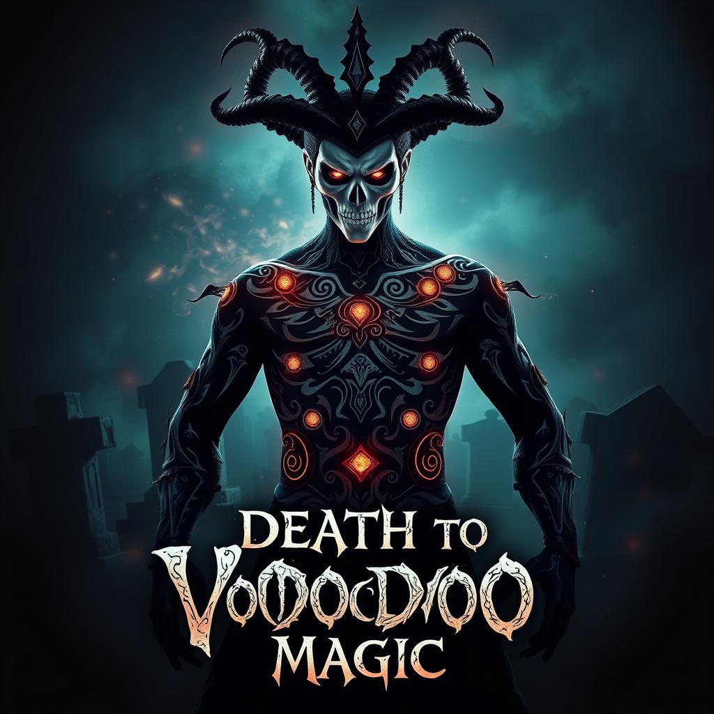 A captivating horror movie poster for 'Death to Voodoo Magic', featuring a powerful warlock with a striking appearance