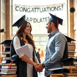An inspiring scene depicting the journey of education and marriage, showcasing a young couple in a university setting surrounded by books and graduation caps