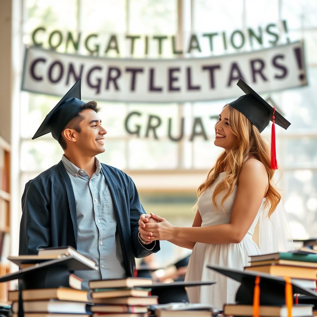 An inspiring scene depicting the journey of education and marriage, showcasing a young couple in a university setting surrounded by books and graduation caps