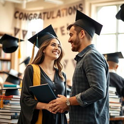 An inspiring scene depicting the journey of education and marriage, showcasing a young couple in a university setting surrounded by books and graduation caps