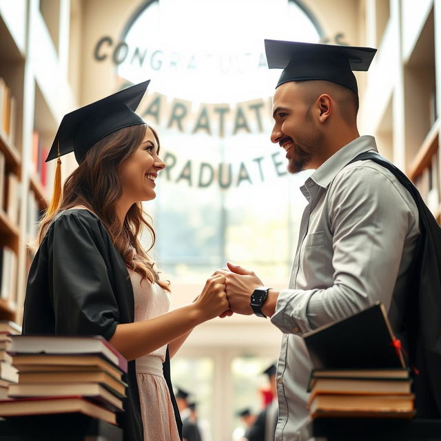 An inspiring scene depicting the journey of education and marriage, showcasing a young couple in a university setting surrounded by books and graduation caps