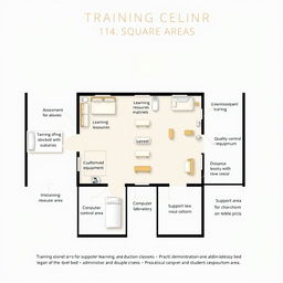 A detailed layout design for a housekeeping training center with a total area of 114 square meters