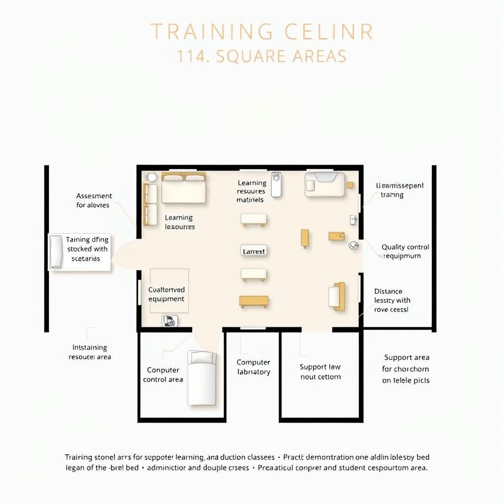 A detailed layout design for a housekeeping training center with a total area of 114 square meters