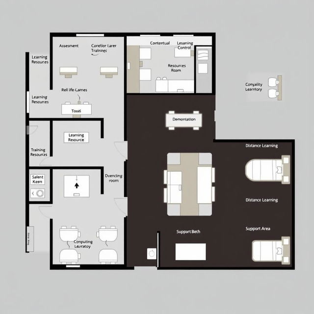 A detailed layout design for a housekeeping training center with a total area of 114 square meters