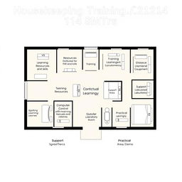 A floor plan layout of a housekeeping training center measuring 114 square meters