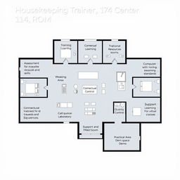 A floor plan layout of a housekeeping training center measuring 114 square meters