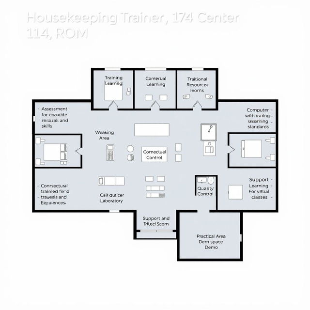 A floor plan layout of a housekeeping training center measuring 114 square meters