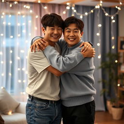 Choi Seungcheol and Park Seong Hwa embracing in a warm, friendly hug, both smiling brightly