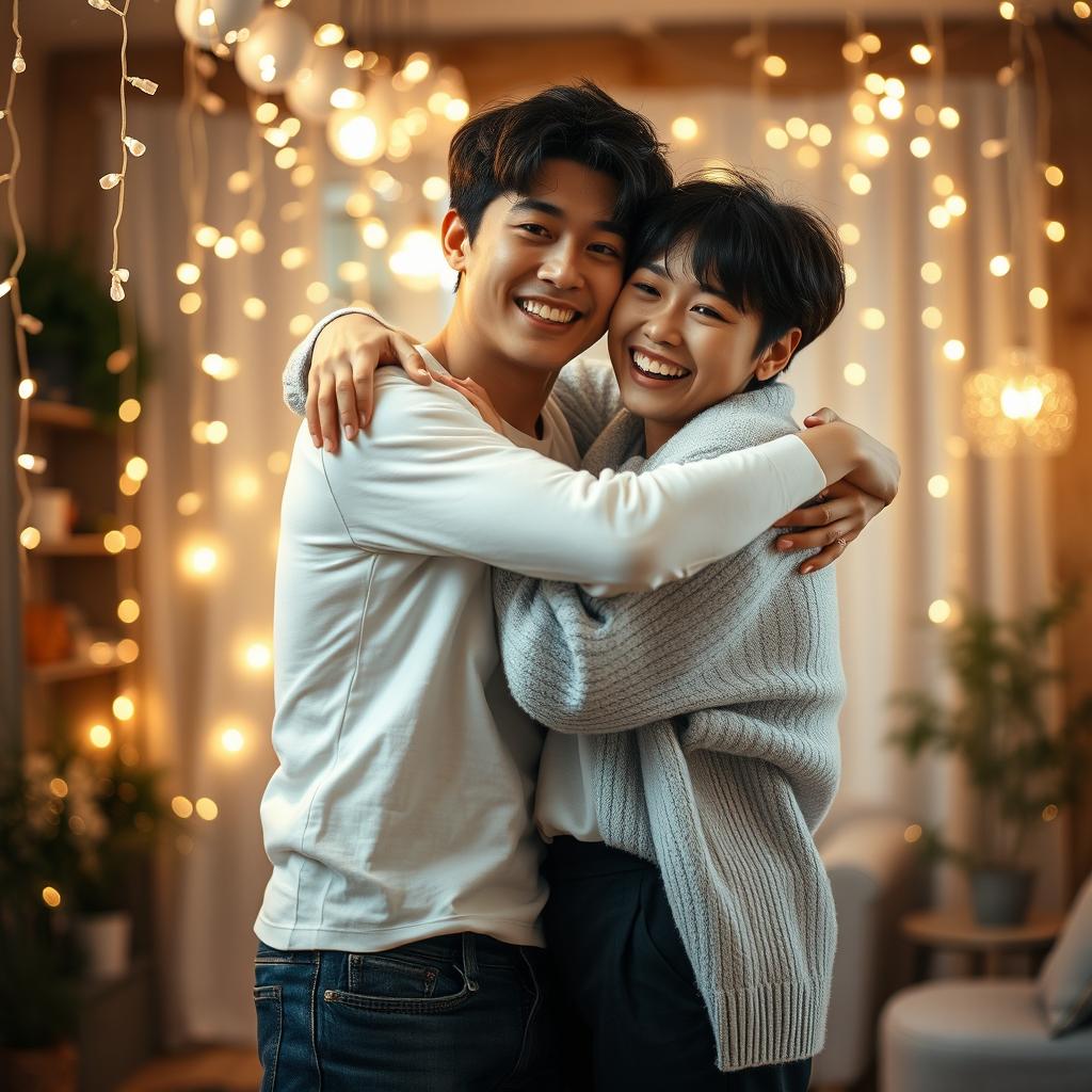 Choi Seungcheol and Park Seong Hwa embracing in a warm, friendly hug, both smiling brightly