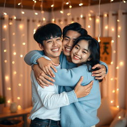 Choi Seungcheol and Park Seong Hwa embracing in a warm, friendly hug, both smiling brightly