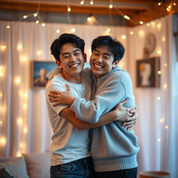 Choi Seungcheol and Park Seong Hwa embracing in a warm, friendly hug, both smiling brightly