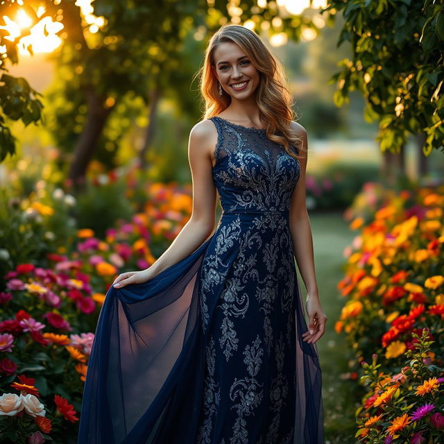 A stunning woman wearing a beautiful, flowing evening gown that is elegantly designed with intricate lace and sequins, gracefully standing in a lush garden filled with colorful flowers