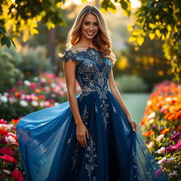 A stunning woman wearing a beautiful, flowing evening gown that is elegantly designed with intricate lace and sequins, gracefully standing in a lush garden filled with colorful flowers