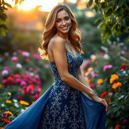 A stunning woman wearing a beautiful, flowing evening gown that is elegantly designed with intricate lace and sequins, gracefully standing in a lush garden filled with colorful flowers