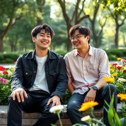 Choi Seungcheol and Park Seong Hwa sitting together in a relaxed outdoor setting, surrounded by lush greenery and colorful flowers