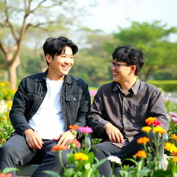 Choi Seungcheol and Park Seong Hwa sitting together in a relaxed outdoor setting, surrounded by lush greenery and colorful flowers