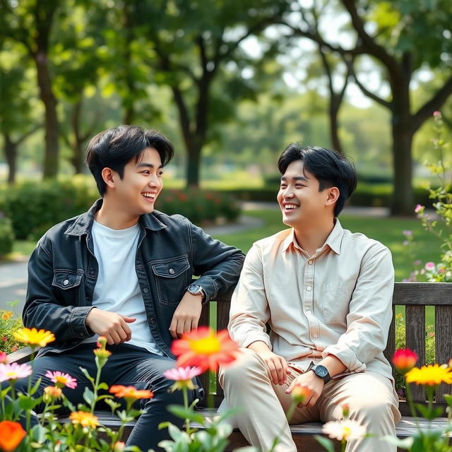 Choi Seungcheol and Park Seong Hwa sitting together in a relaxed outdoor setting, surrounded by lush greenery and colorful flowers