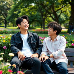 Choi Seungcheol and Park Seong Hwa sitting together in a relaxed outdoor setting, surrounded by lush greenery and colorful flowers