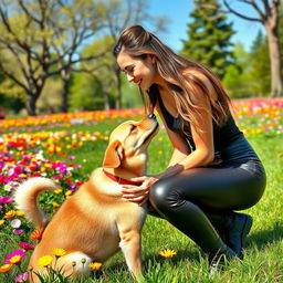 A heartwarming scene of a young woman in stylish leather leggings, gently leaning down to kiss her pet dog on the forehead