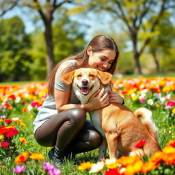A heartwarming scene of a young woman in stylish leather leggings, gently leaning down to kiss her pet dog on the forehead