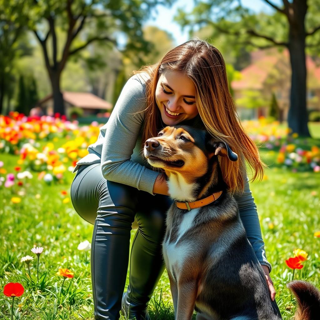 A heartwarming scene of a young woman in stylish leather leggings, gently leaning down to kiss her pet dog on the forehead