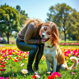 A heartwarming scene of a young woman in stylish leather leggings, gently leaning down to kiss her pet dog on the forehead