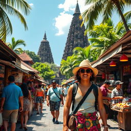 A vivid scene of a traveler named Nevaza exploring the vibrant city of Yogyakarta, Indonesia