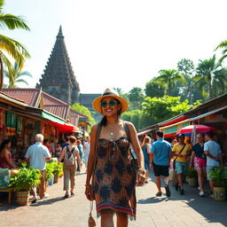 A vivid scene of a traveler named Nevaza exploring the vibrant city of Yogyakarta, Indonesia